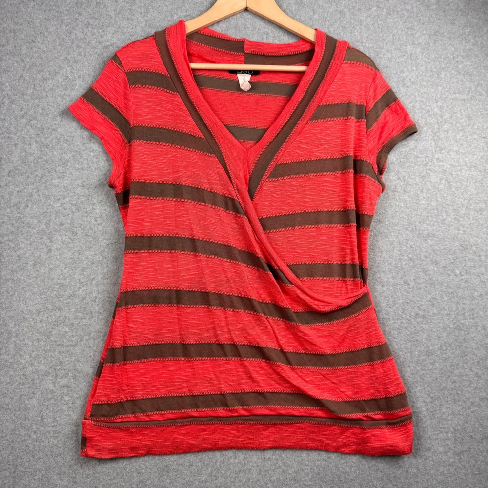 Vintage Deb Top Womens 1X Coral Pink Brown Y2K Striped V Neck Knit Faux Wrap